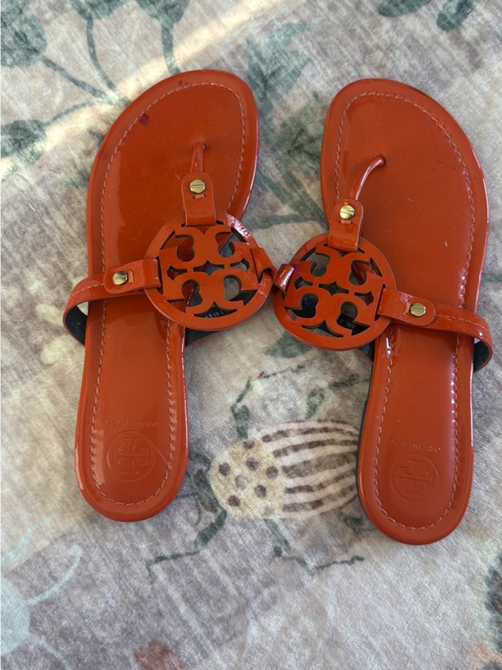 Tory Burch Orange Patent Logo Thong Sandals